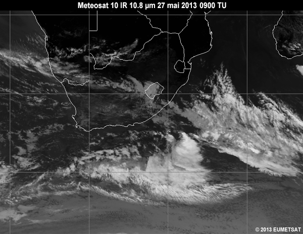 Animation of MSG-10 infrared 10.8 micrometer images over Southern Africa from 06 to 12 UTC 27 May 2013