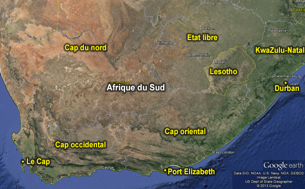 Carte Google Earth sur des régions de l'Afrique du Sud