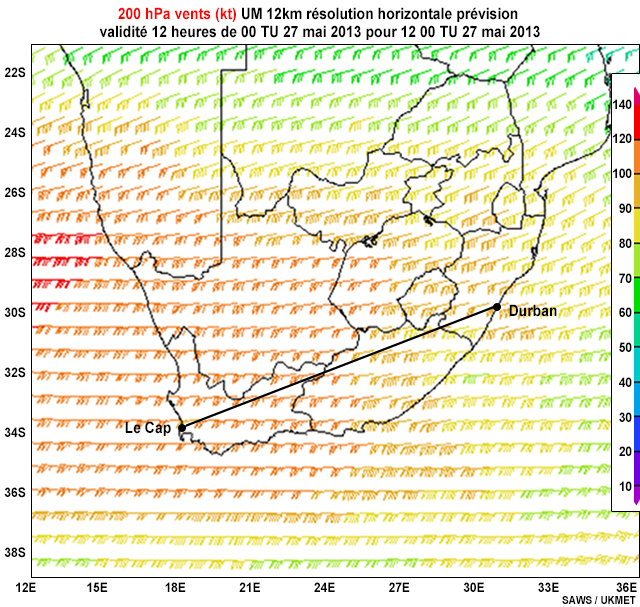 Prévision validité 12-heures du vent à 200 hPa pour le 27 mai 2013 à 12 TU à partir du modèle UM de résolution horizontale de 12 kilomètres.