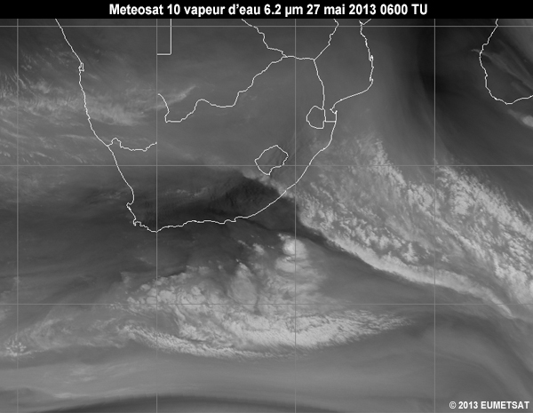 Animation des images vapeur d'eau de 6,2 micromtres de Meteosat 10, au-dessus de l'Afrique australe de 06  12 TU le 27 mai 2013