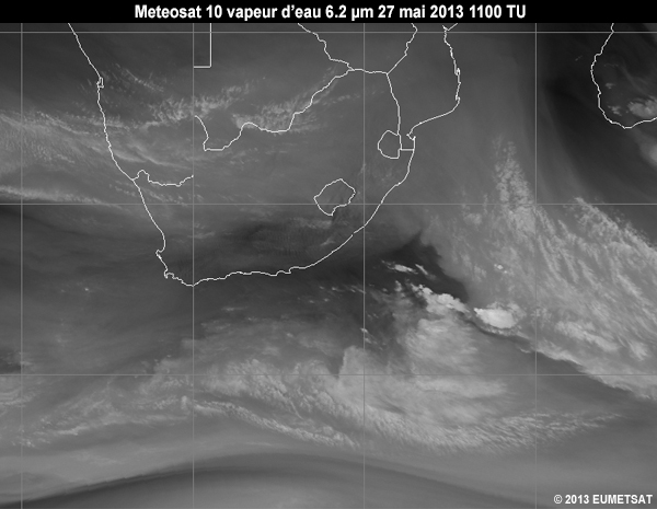 Animation of MSG-10 water vapour 6.2 micrometer images over Southern Africa from 06 to 12 UTC 27 May 2013