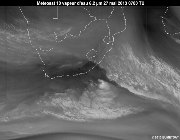 Animation of MSG-10 water vapour 6.2 micrometer images over Southern Africa from 06 to 12 UTC 27 May 2013