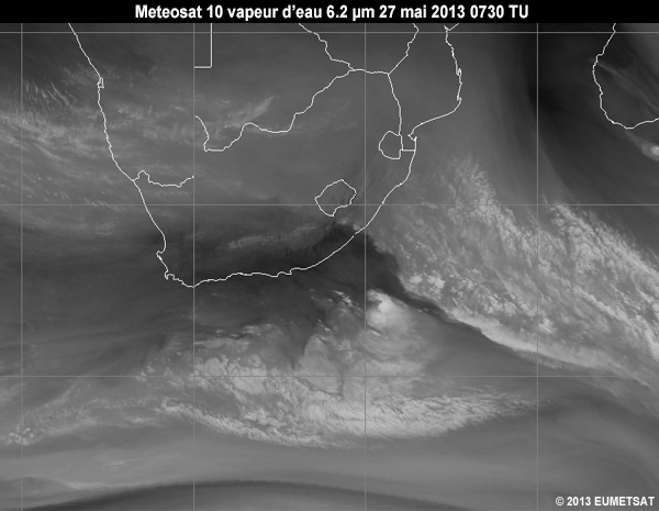 Animation of MSG-10 water vapour 6.2 micrometer images over Southern Africa from 06 to 12 UTC 27 May 2013
