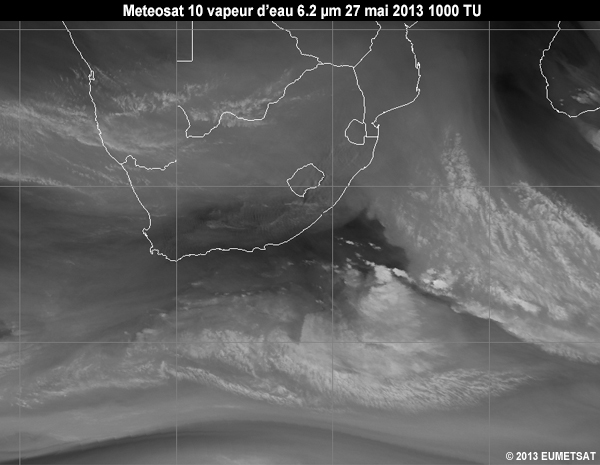 Animation of MSG-10 water vapour 6.2 micrometer images over Southern Africa from 06 to 12 UTC 27 May 2013