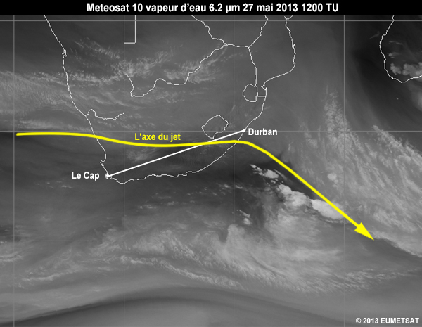 Image Vapeur d'eau 6,2 micromètres de Meteosat 10, au-dessus de l'Afrique australe à 12 TU le 27 mai 2013, annotée avec l'axe du jet et le trajet du vol pour un exercice