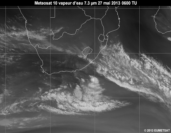 Animation des images Meteosat 10 vapeur d'eau 7,3 micromtres, au-dessus de l'Afrique australe de 06  12 TU le 27 mai 2013