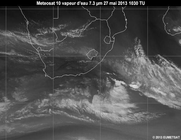 Animation of MSG-10 water vapour 7.3 micrometer images over Southern Africa from 06 to 12 UTC 27 May 2013