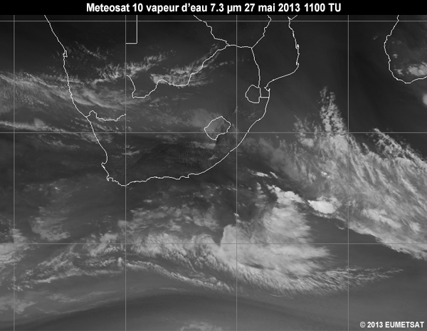 Animation of MSG-10 water vapour 7.3 micrometer images over Southern Africa from 06 to 12 UTC 27 May 2013