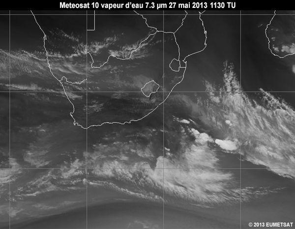 Animation of MSG-10 water vapour 7.3 micrometer images over Southern Africa from 06 to 12 UTC 27 May 2013