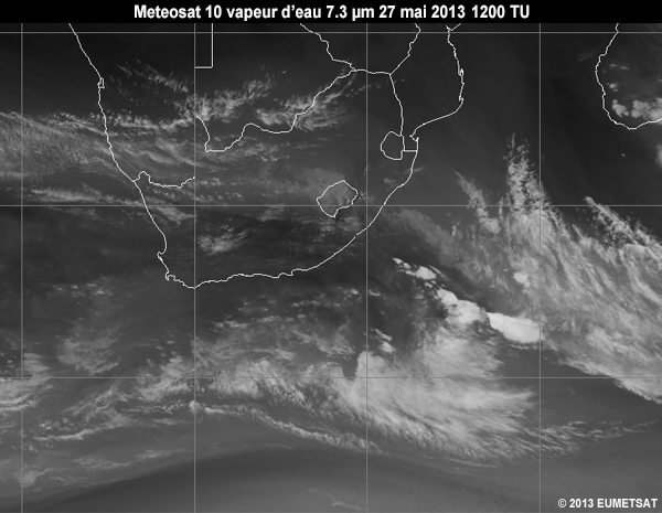 Animation of MSG-10 water vapour 7.3 micrometer images over Southern Africa from 06 to 12 UTC 27 May 2013