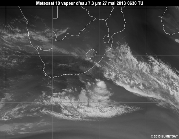 Animation of MSG-10 water vapour 7.3 micrometer images over Southern Africa from 06 to 12 UTC 27 May 2013