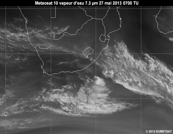 Animation of MSG-10 water vapour 7.3 micrometer images over Southern Africa from 06 to 12 UTC 27 May 2013