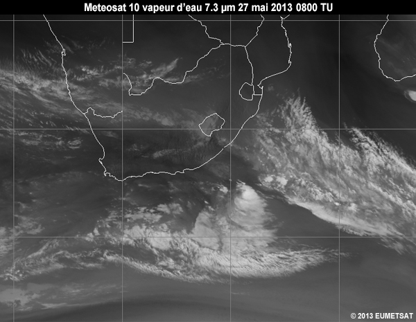 Animation of MSG-10 water vapour 7.3 micrometer images over Southern Africa from 06 to 12 UTC 27 May 2013