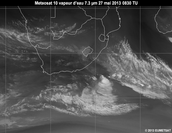 Animation of MSG-10 water vapour 7.3 micrometer images over Southern Africa from 06 to 12 UTC 27 May 2013