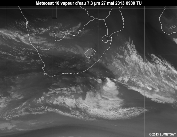 Animation of MSG-10 water vapour 7.3 micrometer images over Southern Africa from 06 to 12 UTC 27 May 2013