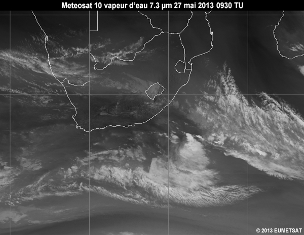 Animation of MSG-10 water vapour 7.3 micrometer images over Southern Africa from 06 to 12 UTC 27 May 2013