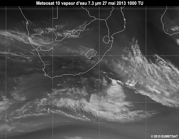 Animation of MSG-10 water vapour 7.3 micrometer images over Southern Africa from 06 to 12 UTC 27 May 2013